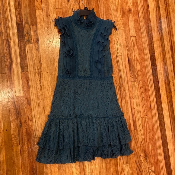 AQUA FOREST GREEN LACE DRESS WITH RUFFLE AND MOCK NECK - Picture 1 of 6
